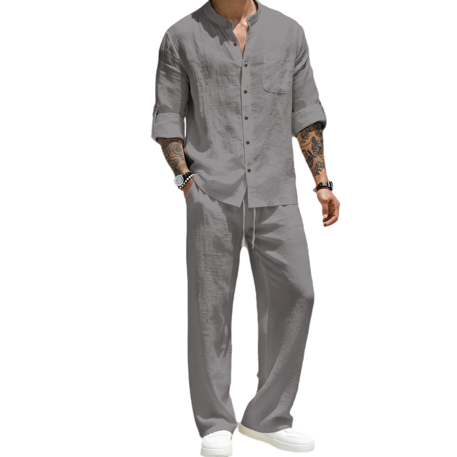 Men's Clothing Two-Piece Outfits Men's Solid Color Linen Long Sleeve Shirt Pants Two-Piece Set Loose Casual Breathable Summer Clothing Sets