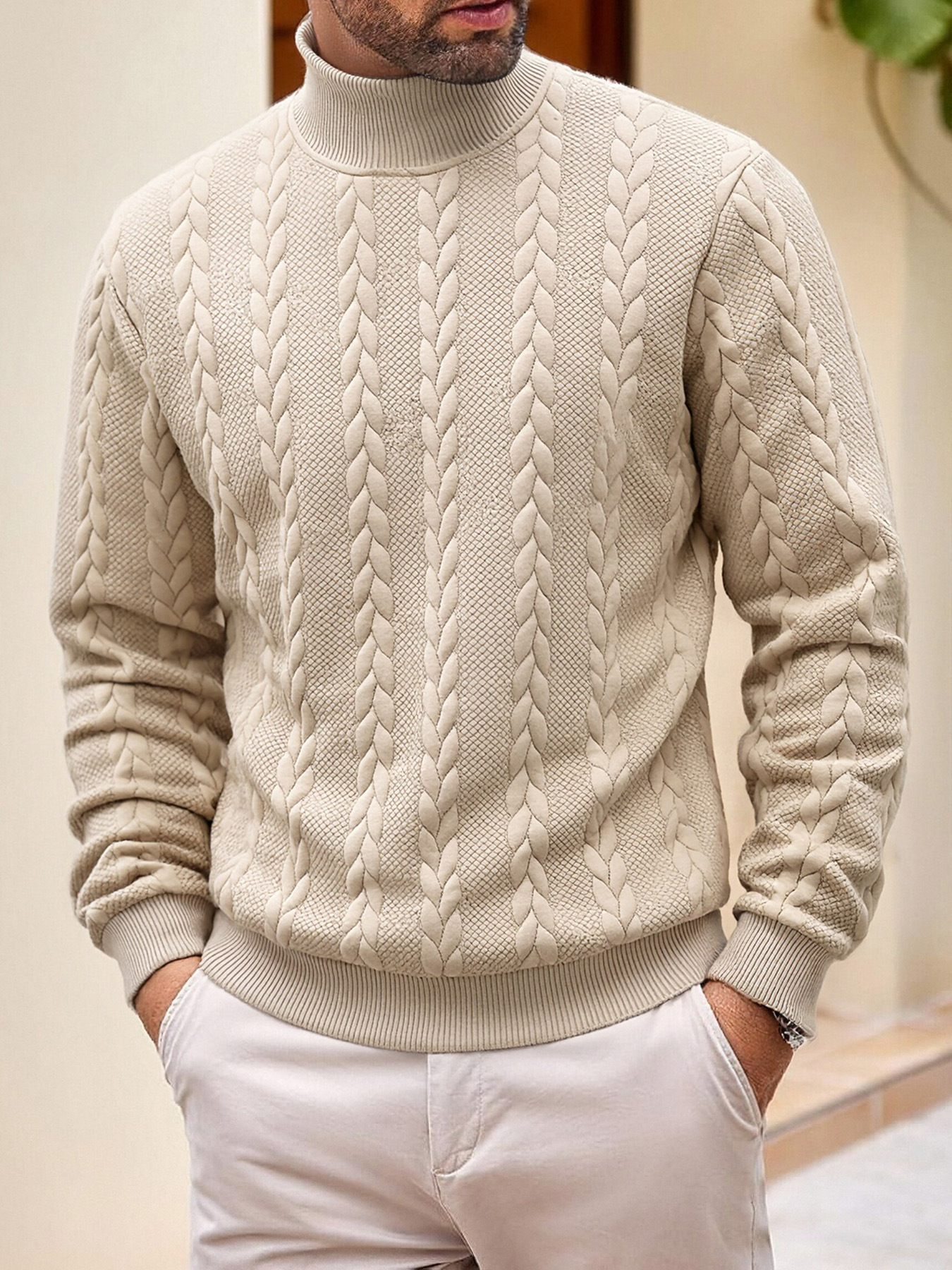 Men's Clothing Tops Sweaters Cardigans Jacquard Knit Sweater New Fall Winter Solid Color High-Neck Warm Casual Men's Long Sleeve Pullover