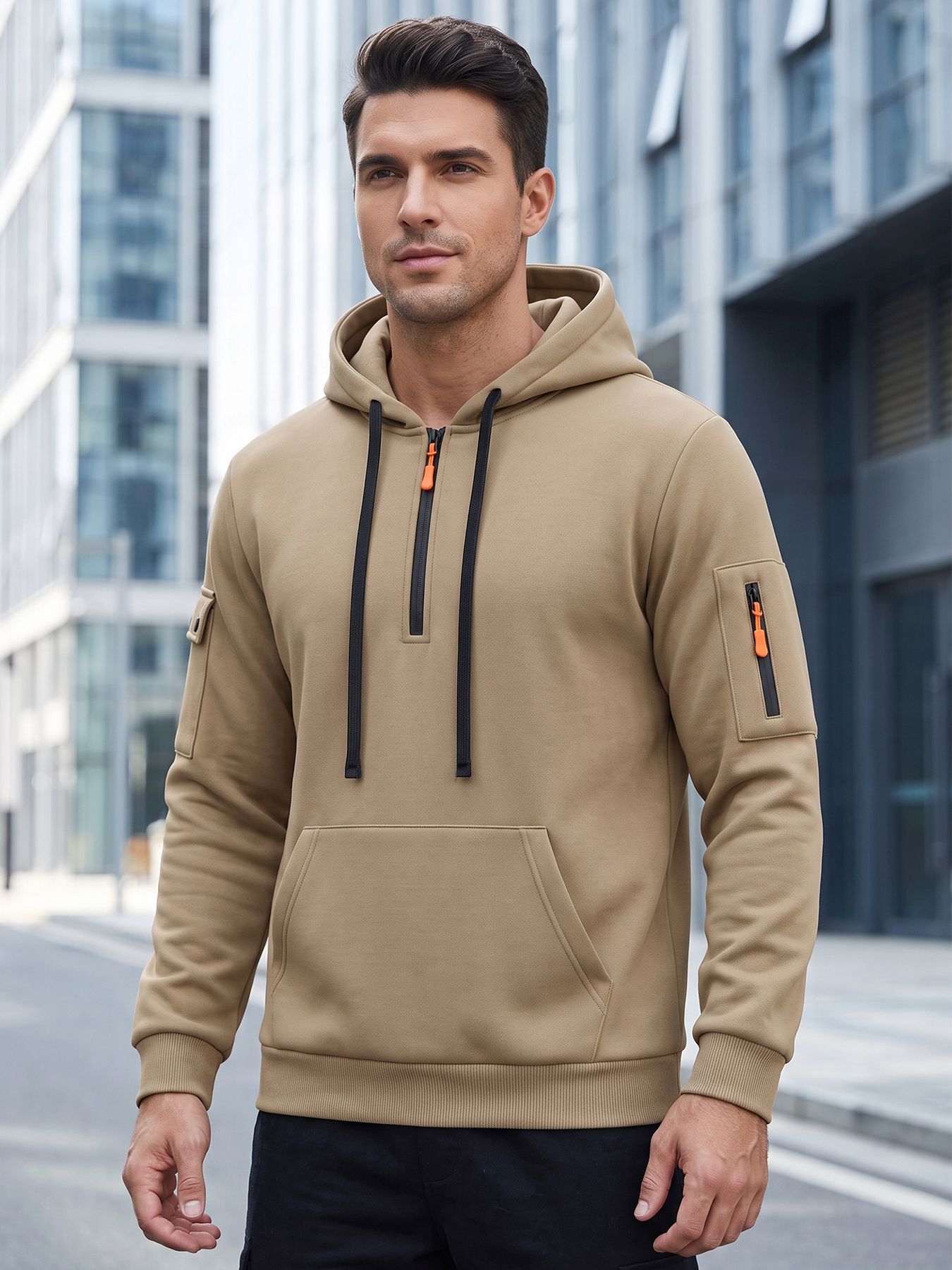 Men's Clothing Tops Sweatshirts Hoodies  Men's Autumn Winter Solid Color Drawstring Hooded Long Sleeve Sweatshirt with Side Zip Thickened Casual Sports Pullover