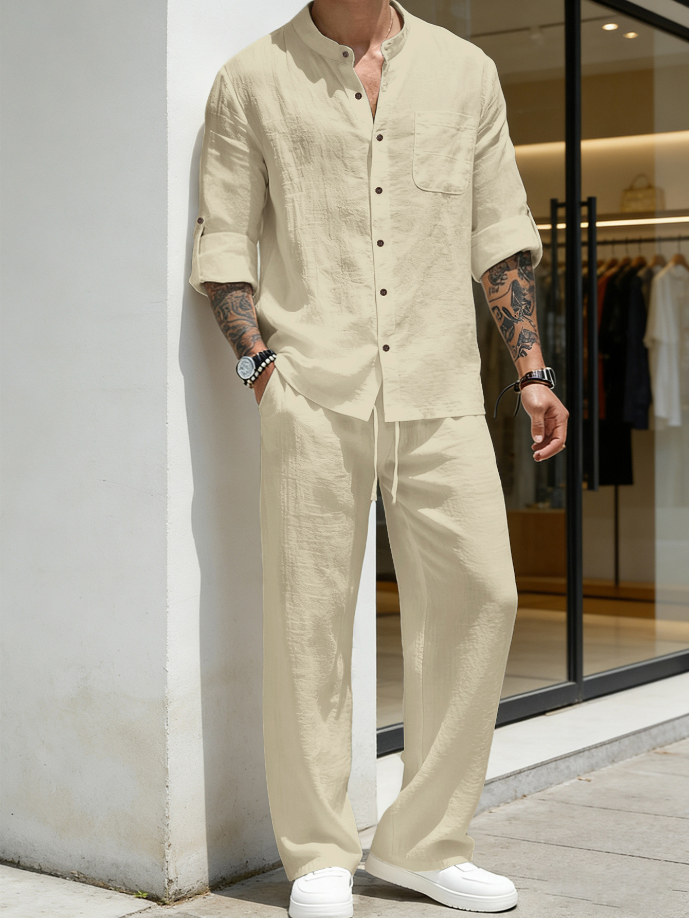 Men's Clothing Two-Piece Outfits Men's Solid Color Linen Long Sleeve Shirt Pants Two-Piece Set Loose Casual Breathable Summer Clothing Sets