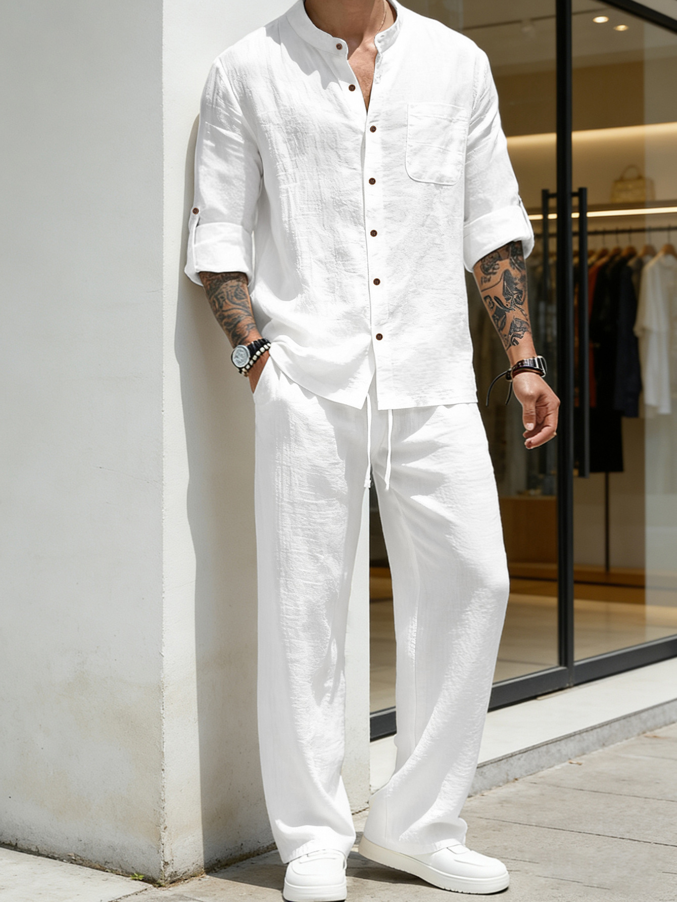 Men's Clothing Two-Piece Outfits Men's Solid Color Linen Long Sleeve Shirt Pants Two-Piece Set Loose Casual Breathable Summer Clothing Sets