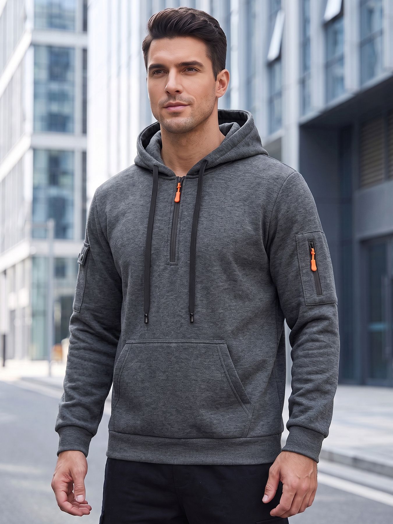 Men's Clothing Tops Sweatshirts Hoodies  Men's Autumn Winter Solid Color Drawstring Hooded Long Sleeve Sweatshirt with Side Zip Thickened Casual Sports Pullover
