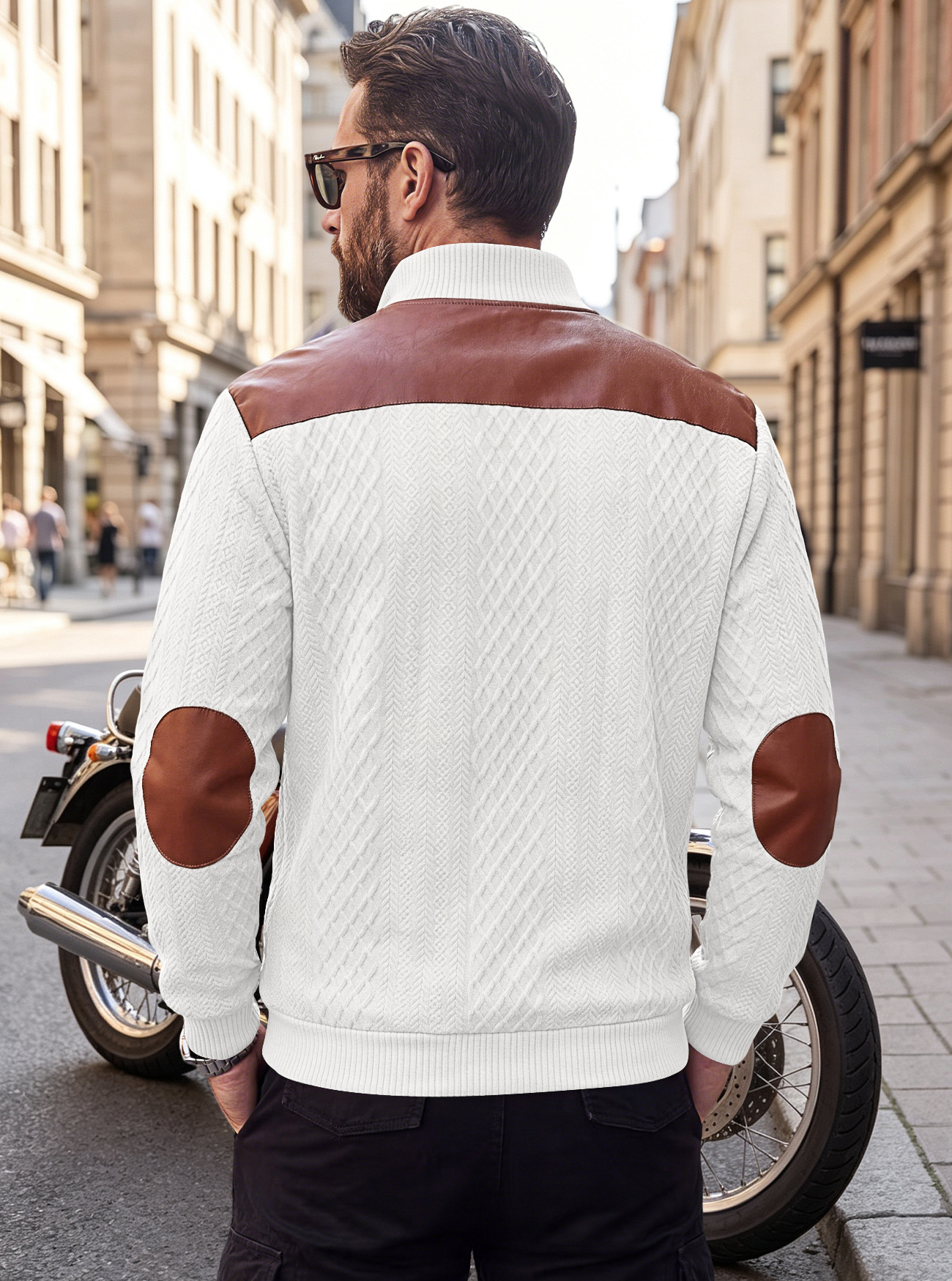 Men's Clothing Tops Sweatshirts Men's American Style Texture Jacquard Lapel Knitwear with Shoulder Sleeve Patches Loose Long Sleeve Pullover Hoodie