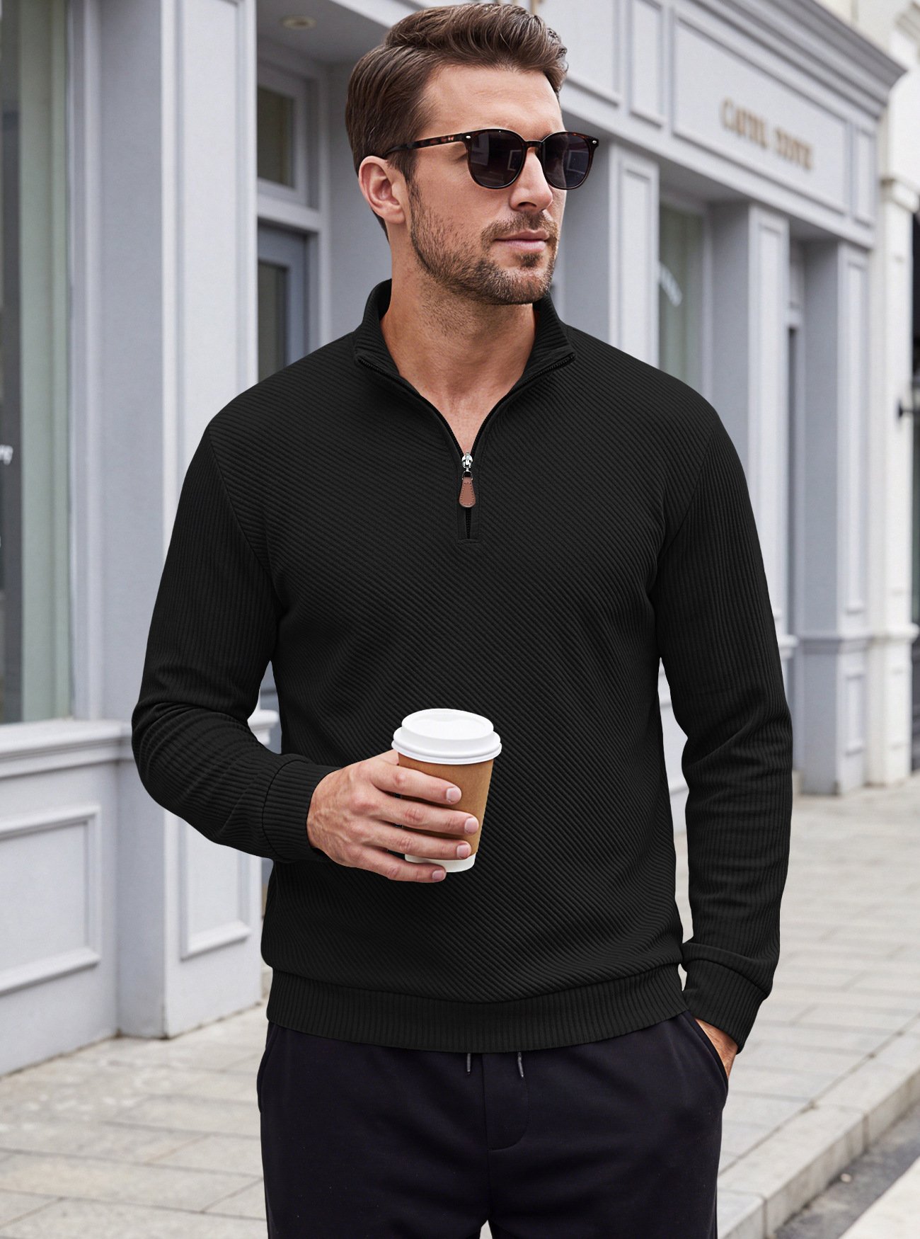 Men's Clothing Tops Sweatshirts Men's American Flannel Texture Half-Zip Stand-Up Collar Long Sleeve Oversized Casual Pullover Shirts