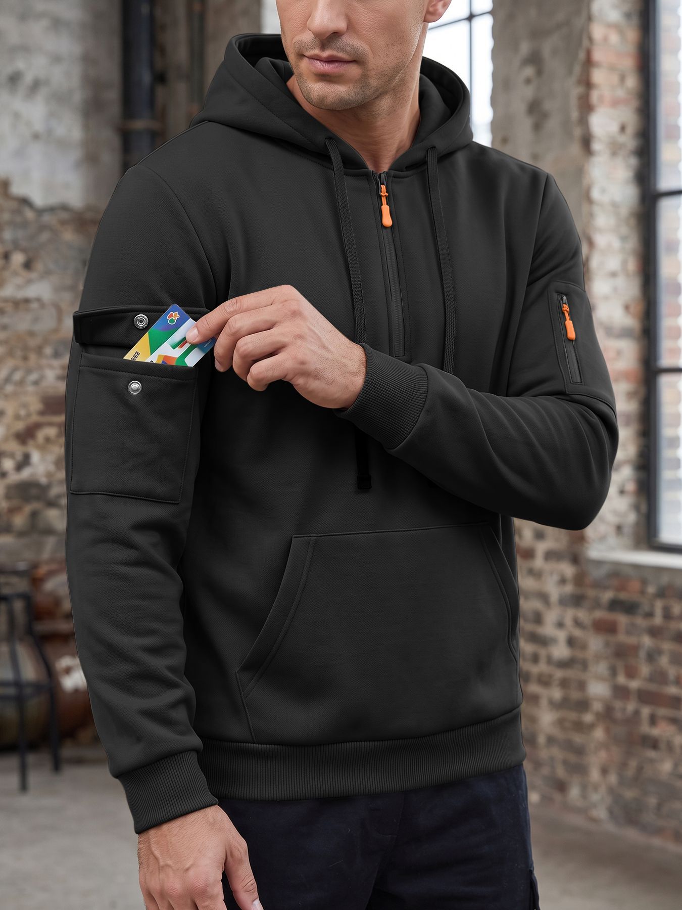 Men's Clothing Tops Sweatshirts Hoodies  Men's Autumn Winter Solid Color Drawstring Hooded Long Sleeve Sweatshirt with Side Zip Thickened Casual Sports Pullover
