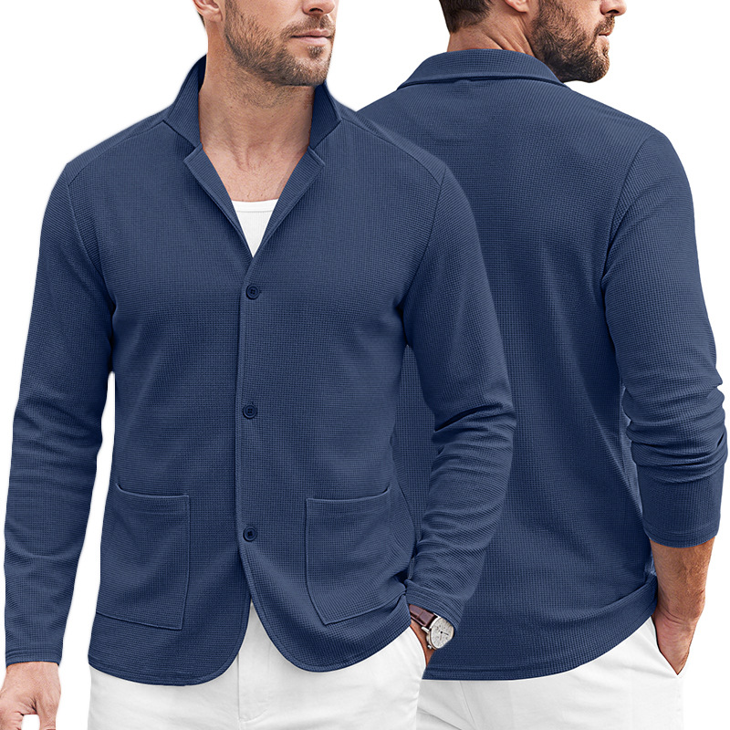 Men's Clothing Tops Jackets Coats Men's Waffle Pattern Single-Breasted Double Pocket Business Casual Long Sleeve Coat