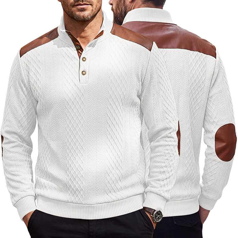 Men's Clothing Tops Sweatshirts Men's American Style Texture Jacquard Lapel Knitwear with Shoulder Sleeve Patches Loose Long Sleeve Pullover Hoodie