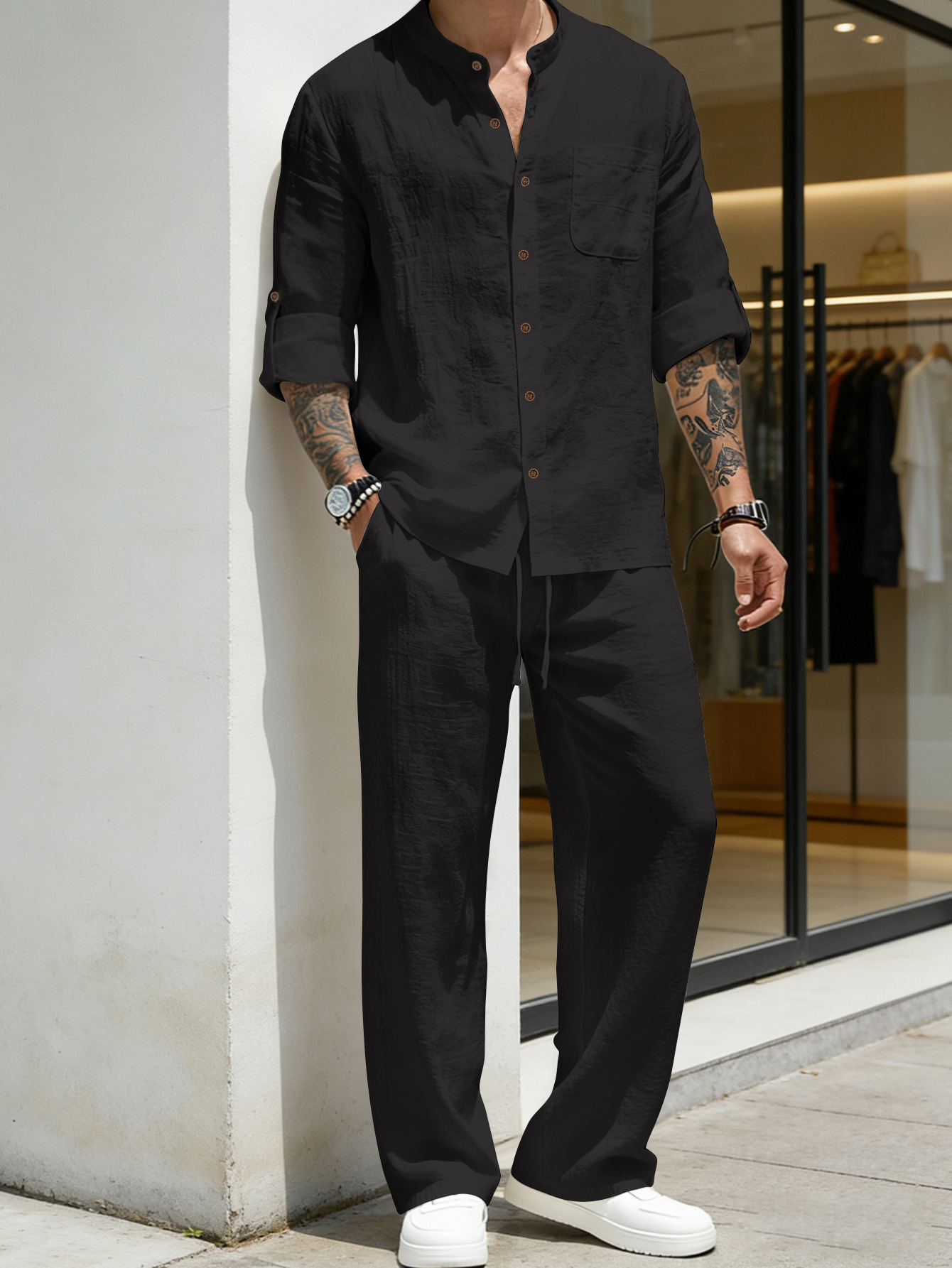 Men's Clothing Two-Piece Outfits Men's Solid Color Linen Long Sleeve Shirt Pants Two-Piece Set Loose Casual Breathable Summer Clothing Sets