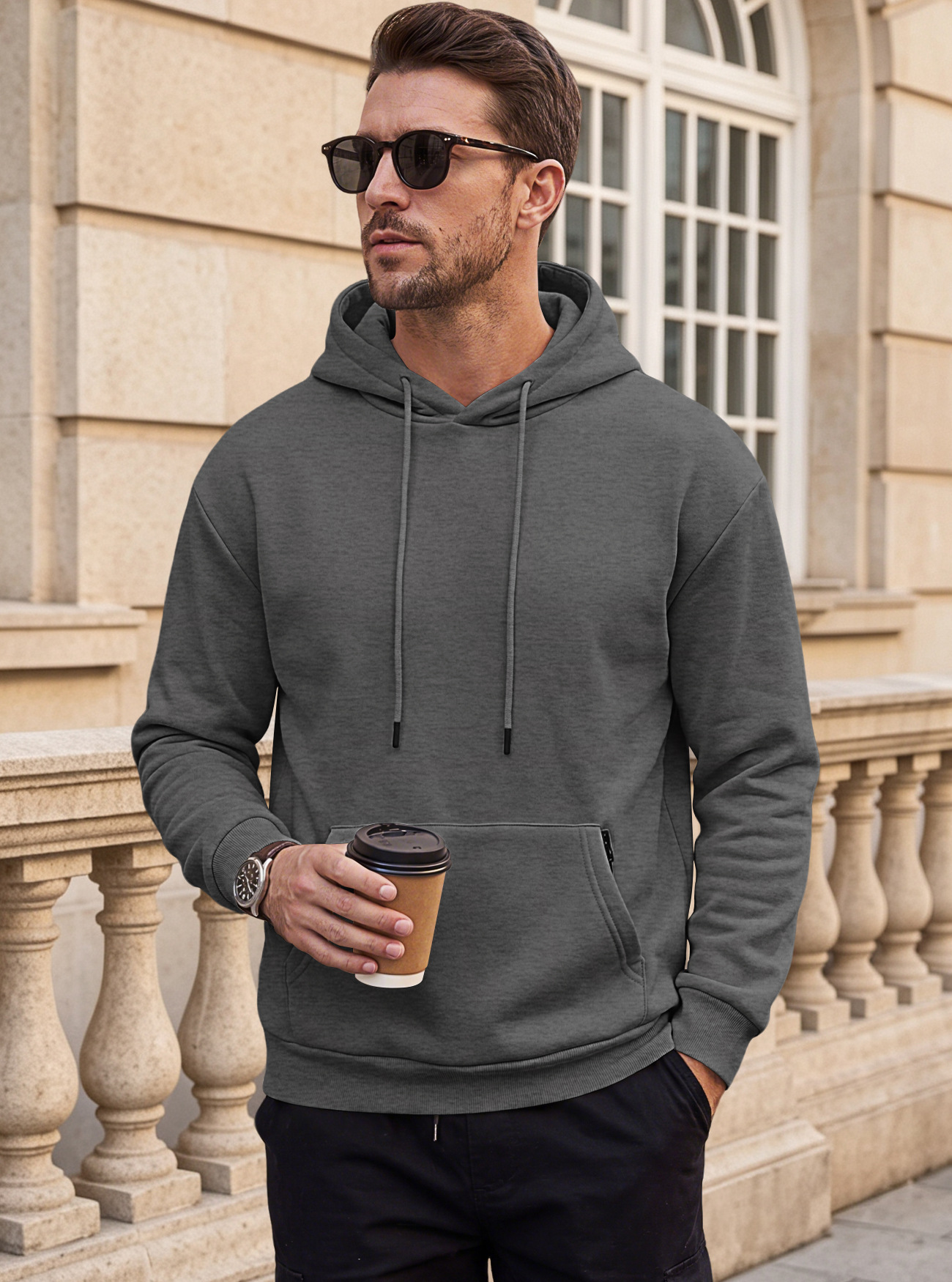 Men's Clothing Tops Sweatshirts Hoodies Men's Heavyweight Solid Color Drawstring Hooded Sweatshirt with Side Anti-Theft Zippered Kangaroo Pockets for Sports Outdoor Wear