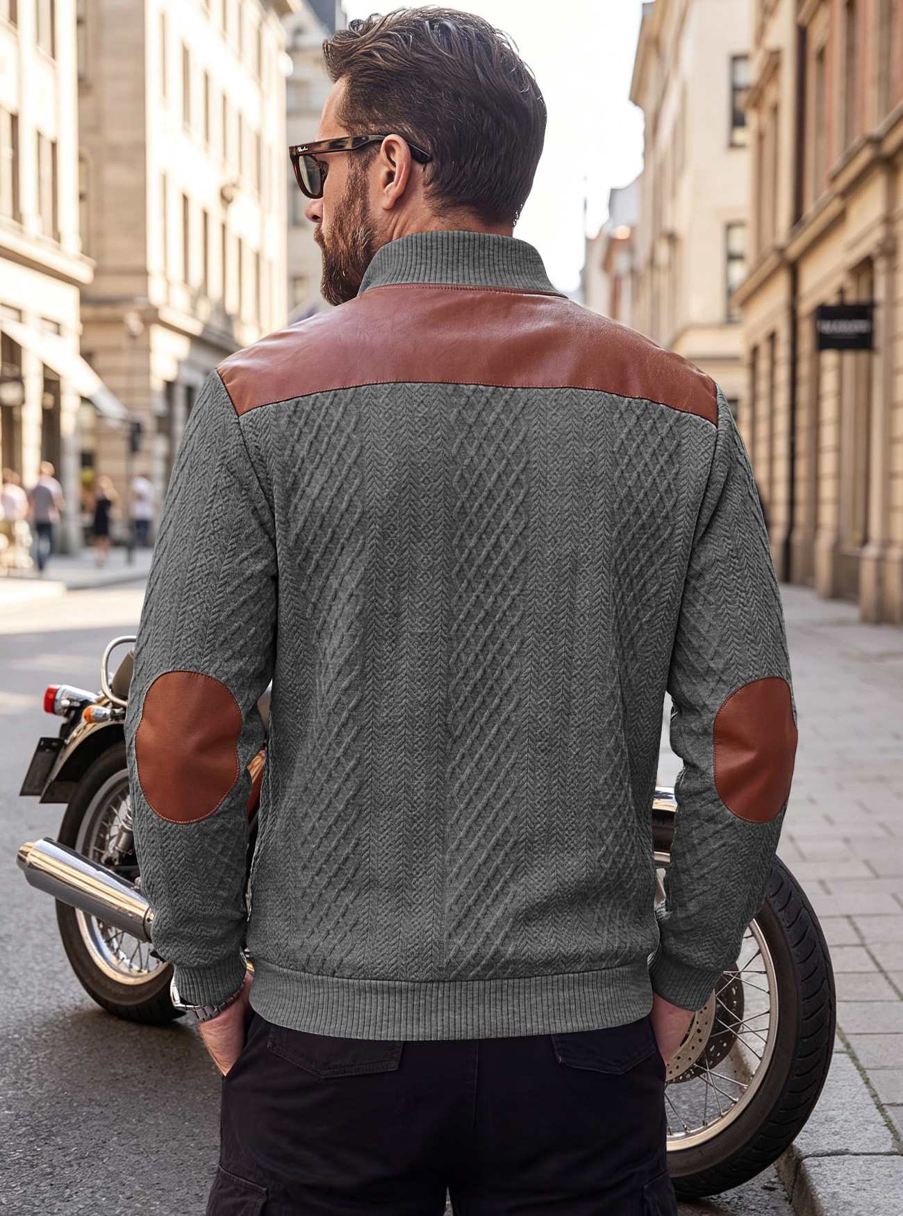 Men's Clothing Tops Sweatshirts Men's American Style Texture Jacquard Lapel Knitwear with Shoulder Sleeve Patches Loose Long Sleeve Pullover Hoodie