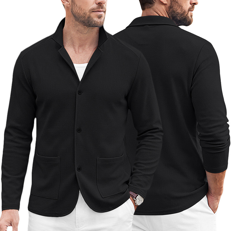 Men's Clothing Tops Jackets Coats Men's Waffle Pattern Single-Breasted Double Pocket Business Casual Long Sleeve Coat
