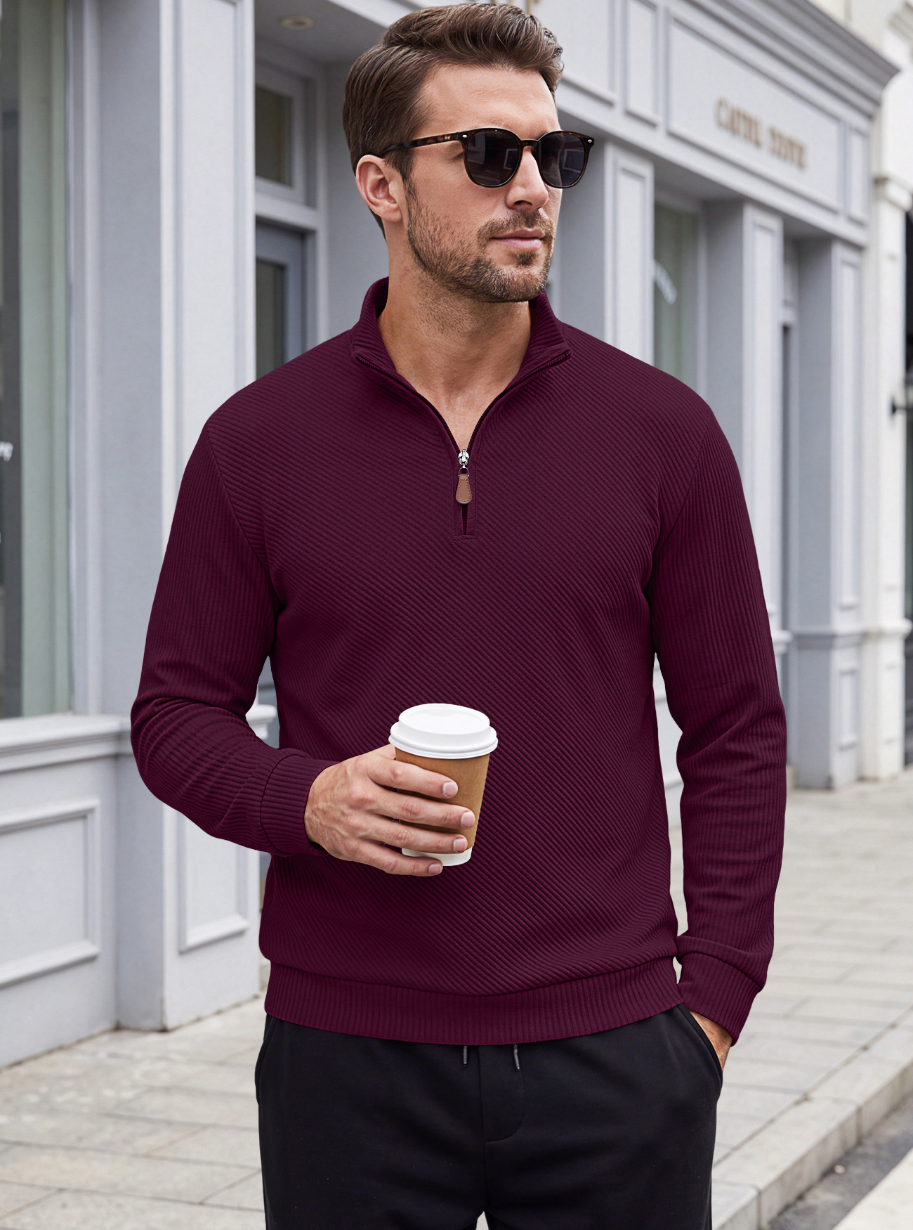 Men's Clothing Tops Sweatshirts Men's American Flannel Texture Half-Zip Stand-Up Collar Long Sleeve Oversized Casual Pullover Shirts