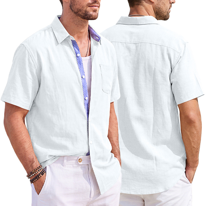 Men's Clothing Tops T-Shirts Summer New Men's Linen Short Sleeve Shirts with Pocket Casual T-Shirts