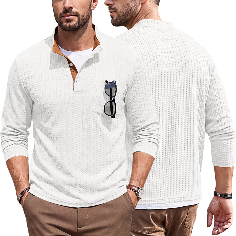 Men's Clothing Tops Sweatshirts Men's American Texture Jacquard Henley Polo Shirt Autumn Winter Chest Pocket Casual Knit Pullover
