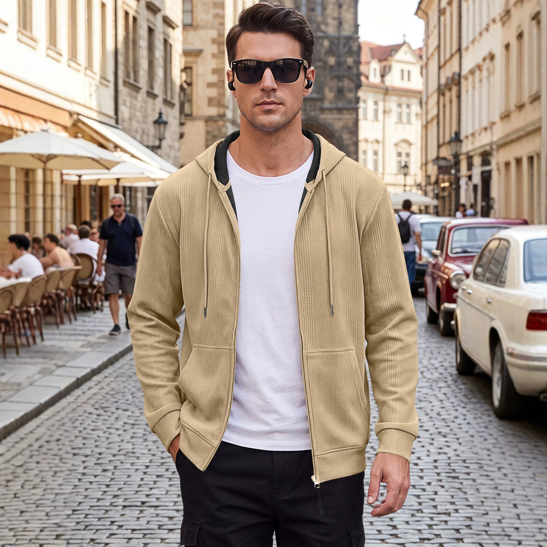 Men's Clothing Tops Sweatshirts Hoodies Men's Jacquard Waffle Pocket Hoodie Pullover Sweatshirt Casual Oversized Athletic Sweatshirt