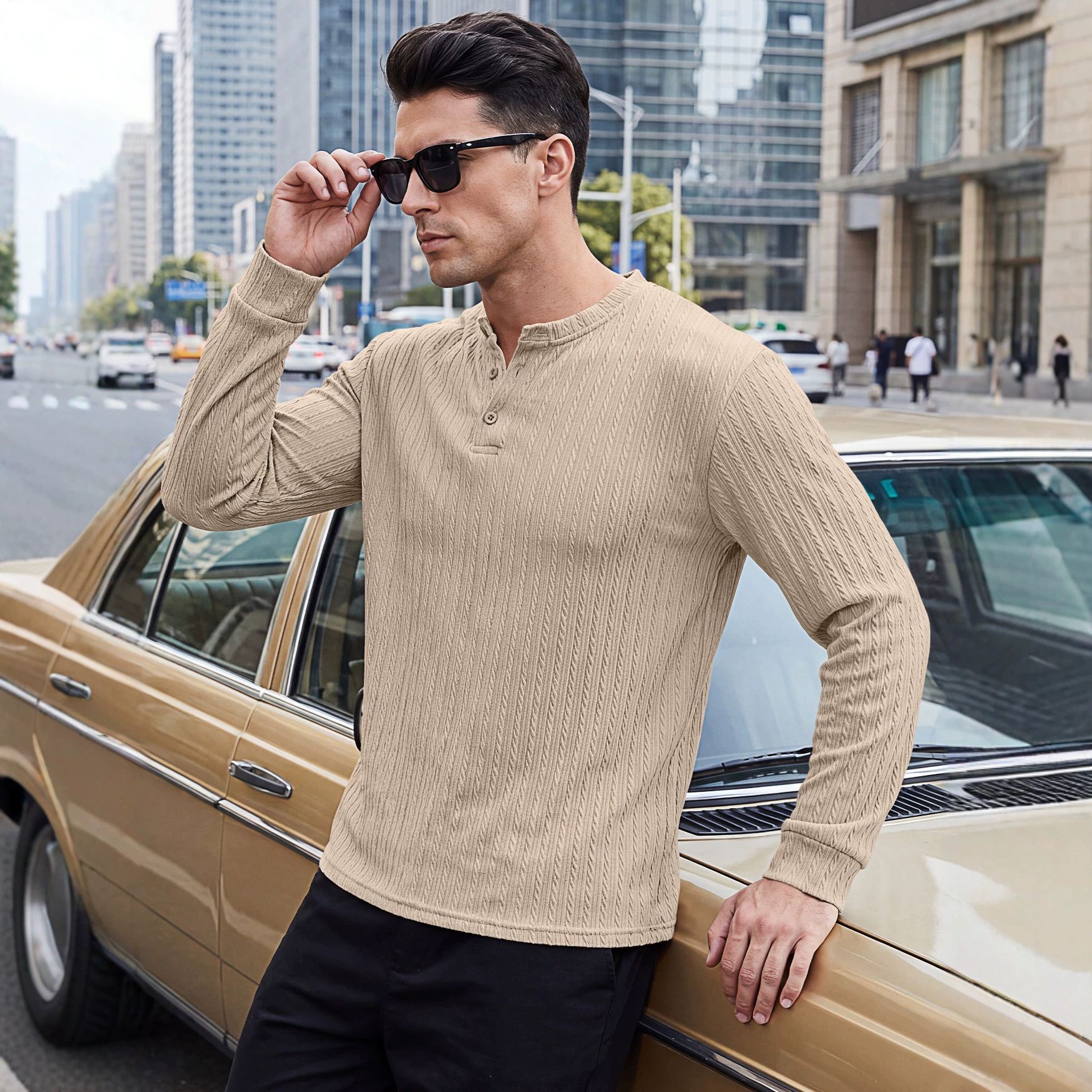 Men's Clothing Tops Sweatshirts Men's Henley Shirt Retro Elastic Texture Pattern Casual Loose Oversized Long Sleeve Hoodie