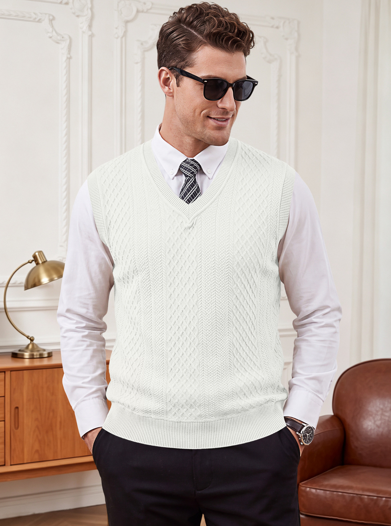 Men's Clothing Tops Tanks Camis Tank Tops Men's Heavyweight V-Neck Vest Textured Jacquard Sleeveless Knit Sweater Vintage Plus Size Casual Vest