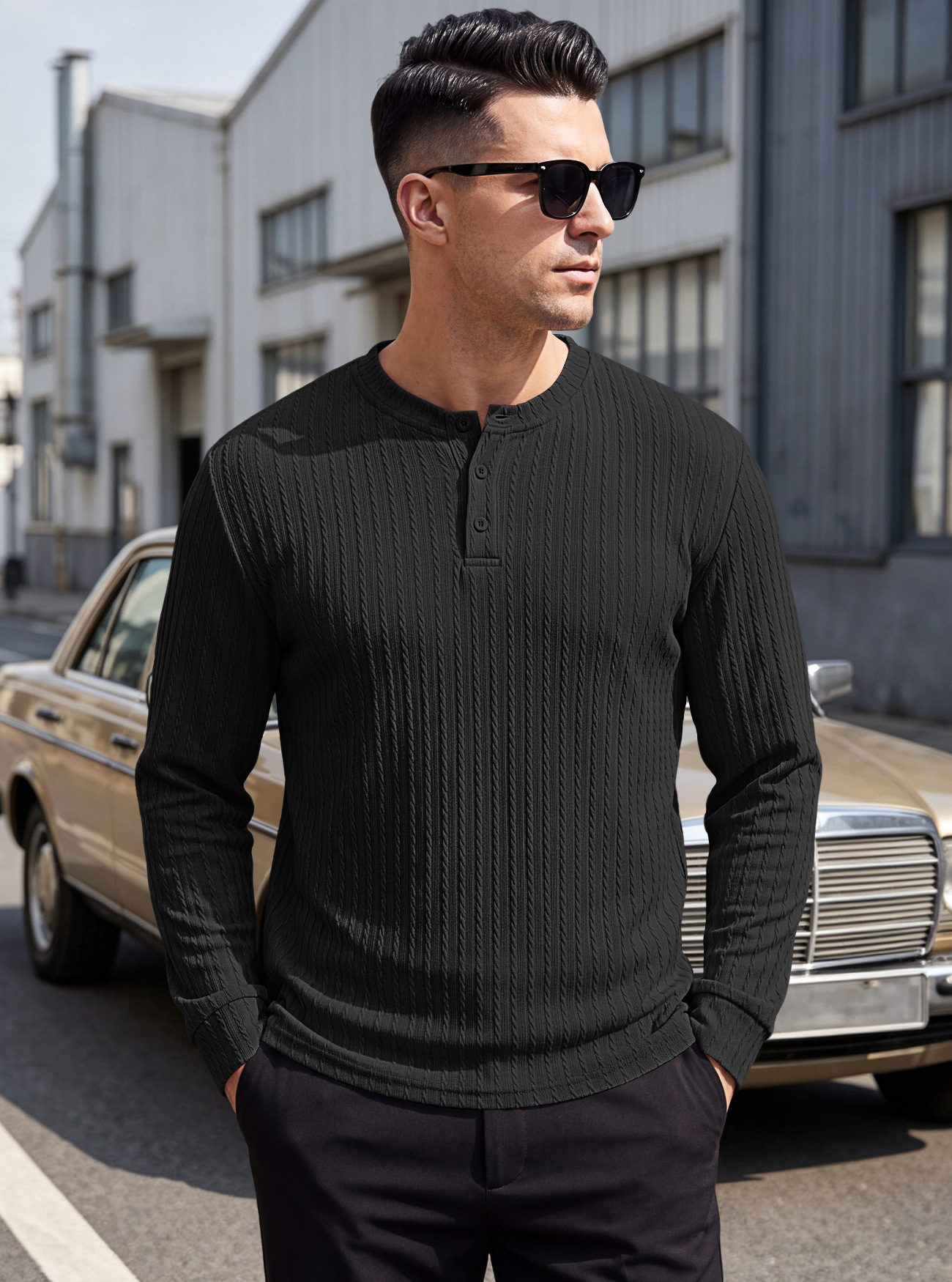 Men's Clothing Tops Sweatshirts Men's Henley Shirt Retro Elastic Texture Pattern Casual Loose Oversized Long Sleeve Hoodie