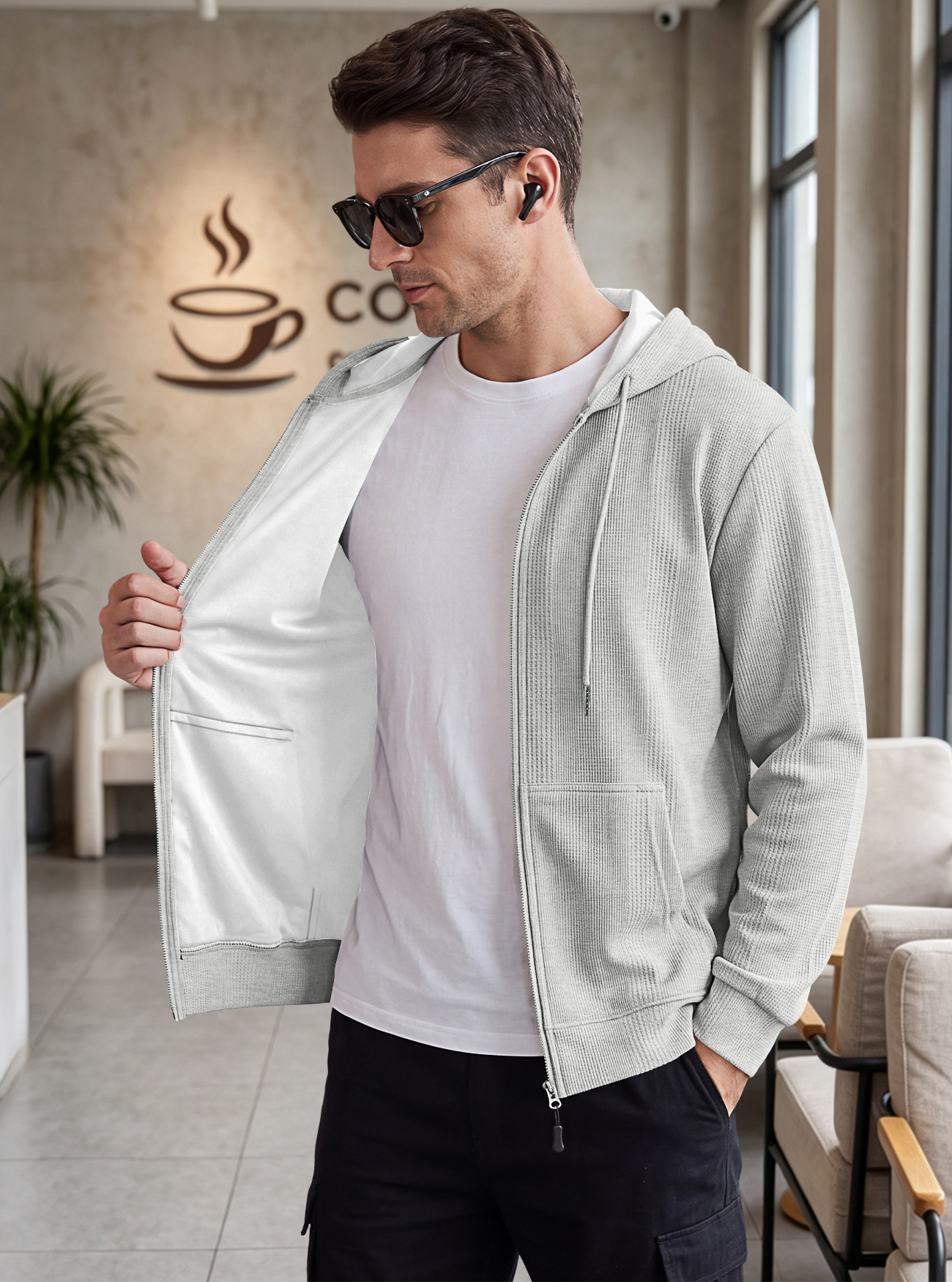 Men's Clothing Tops Sweatshirts Hoodies Men's Jacquard Waffle Pocket Hoodie Pullover Sweatshirt Casual Oversized Athletic Sweatshirt
