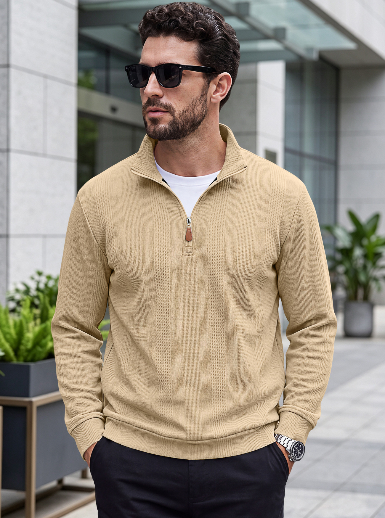 Men's Clothing Tops Sweatshirts Men's Half Zip Stand Up Collar Knitted Sweater Spring Autumn Vertical Stripes Waffle Texture Long Sleeved Casual Hoodie