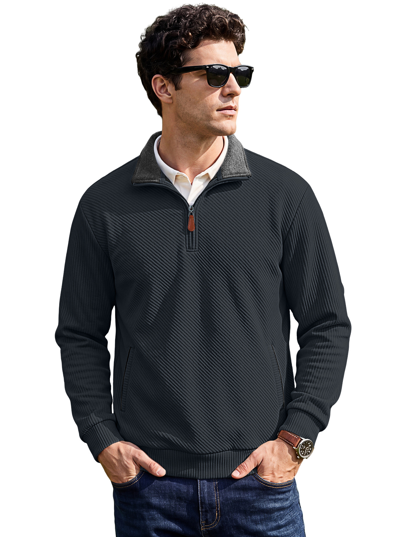 Men's Clothing Tops Sweatshirts Men's Textured Jacquard Stand Up Collar Top American Spring Autumn Zipper Pocket Pullover Casual Hoodie