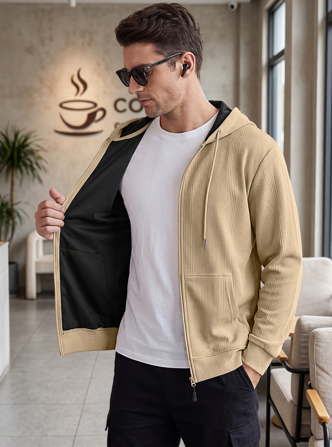 Men's Clothing Tops Sweatshirts Hoodies Men's Jacquard Waffle Pocket Hoodie Pullover Sweatshirt Casual Oversized Athletic Sweatshirt