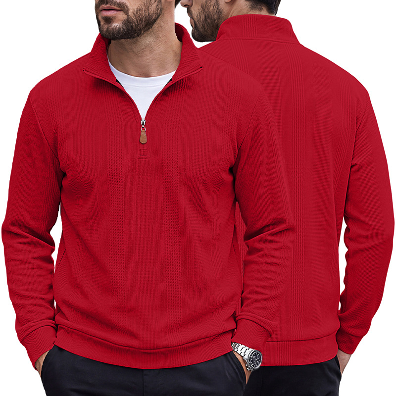 Men's Clothing Tops Sweatshirts Men's Half Zip Stand Up Collar Knitted Sweater Spring Autumn Vertical Stripes Waffle Texture Long Sleeved Casual Hoodie