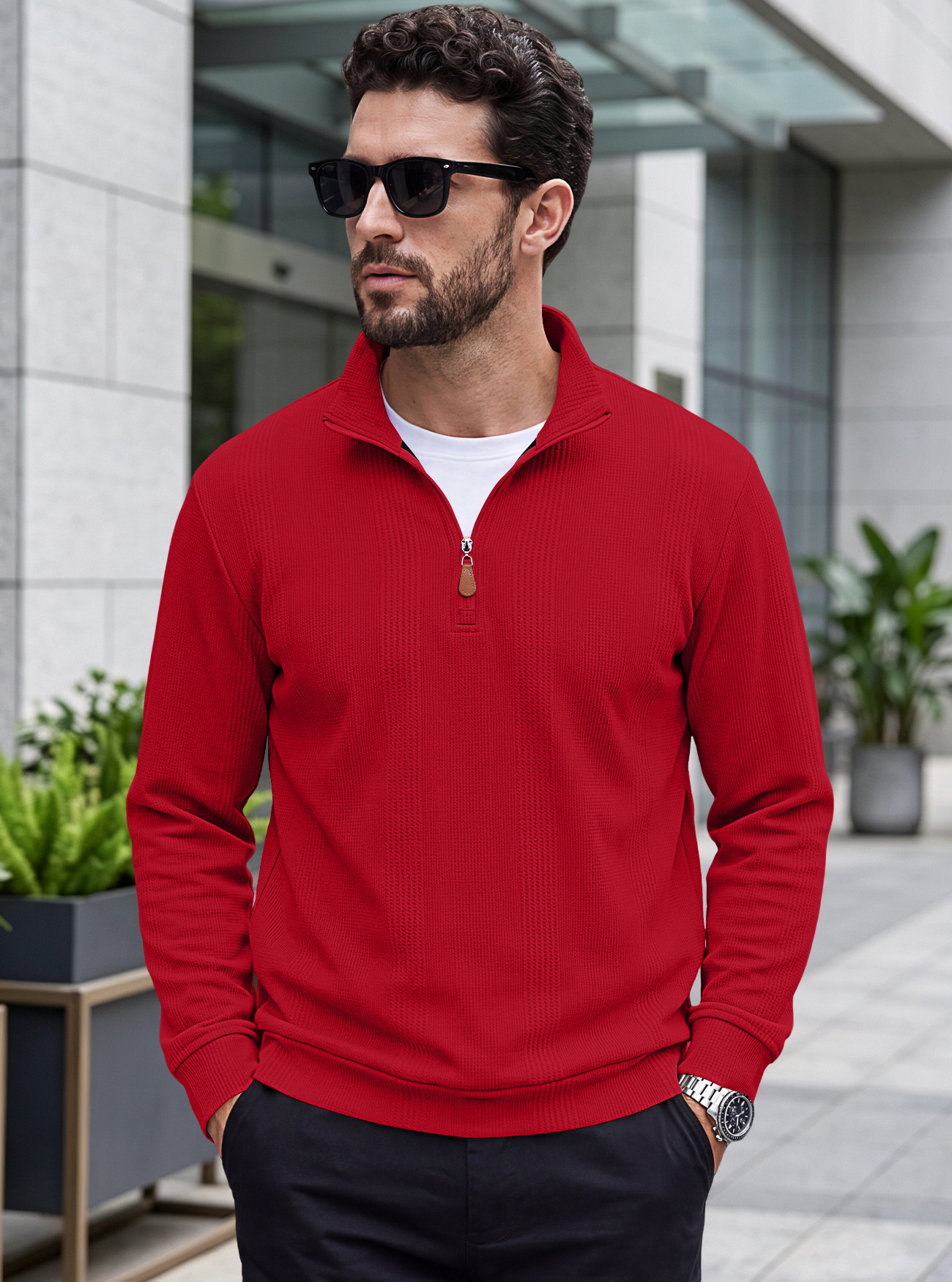 Men's Clothing Tops Sweatshirts Men's Half Zip Stand Up Collar Knitted Sweater Spring Autumn Vertical Stripes Waffle Texture Long Sleeved Casual Hoodie