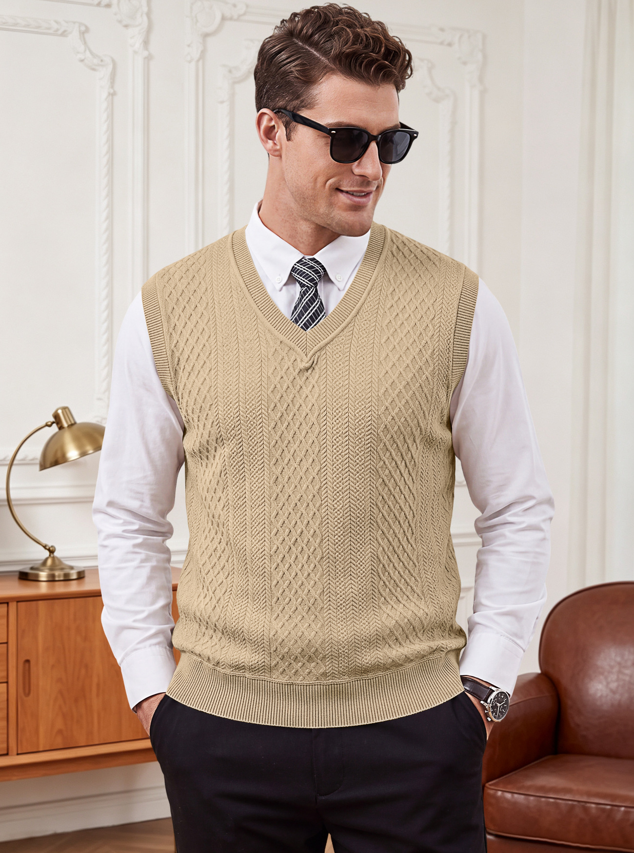 Men's Clothing Tops Tanks Camis Tank Tops Men's Heavyweight V-Neck Vest Textured Jacquard Sleeveless Knit Sweater Vintage Plus Size Casual Vest