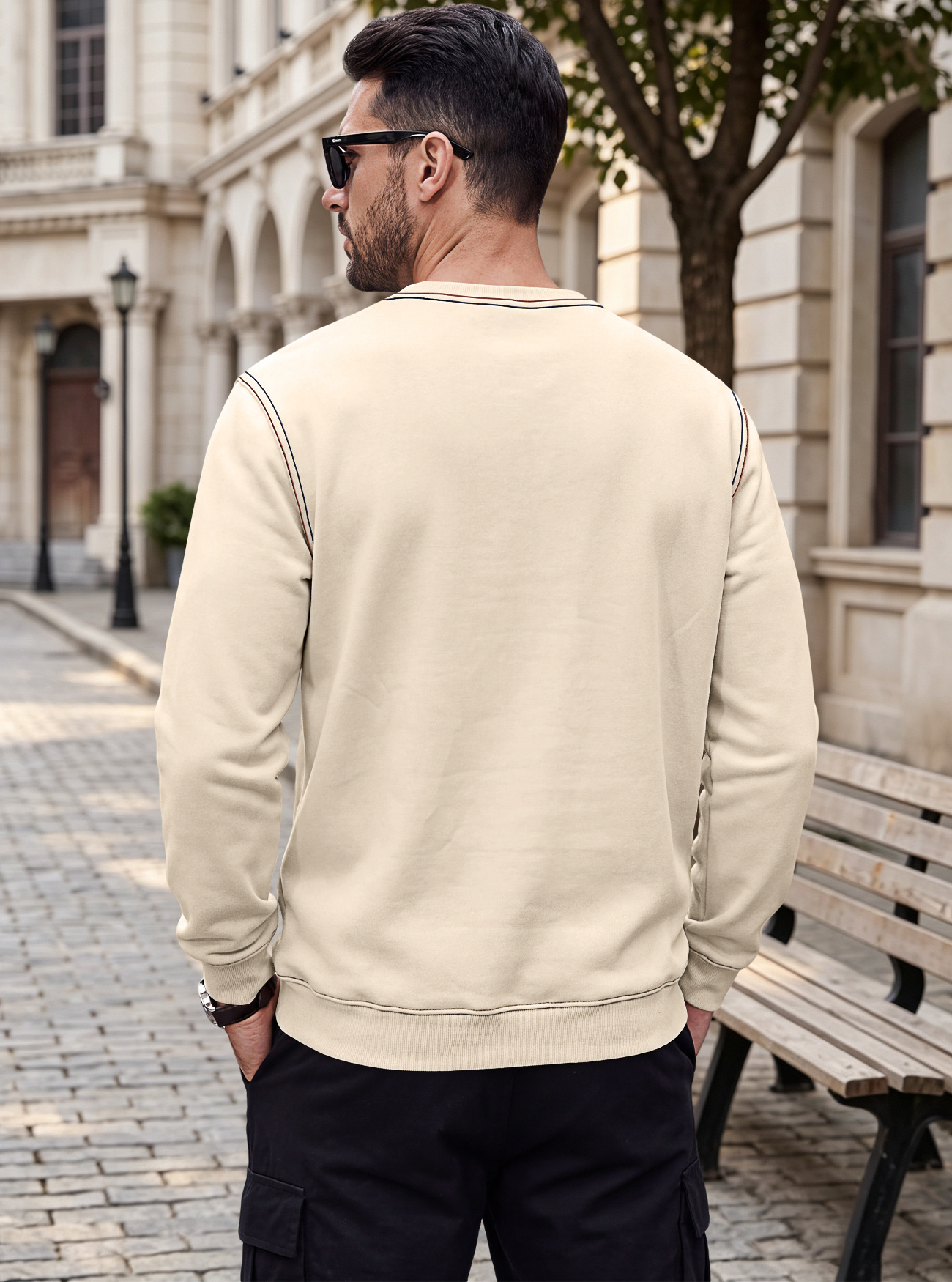 Men's Clothing Tops Sweatshirts Men's Autumn Winter Bright Line Base Shirt Round Neck Ribbed Bottom Swing Top Pulley Cloth Hoodie