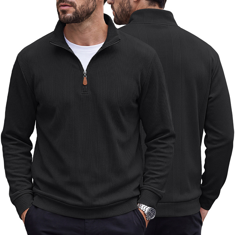 Men's Clothing Tops Sweatshirts Men's Half Zip Stand Up Collar Knitted Sweater Spring Autumn Vertical Stripes Waffle Texture Long Sleeved Casual Hoodie