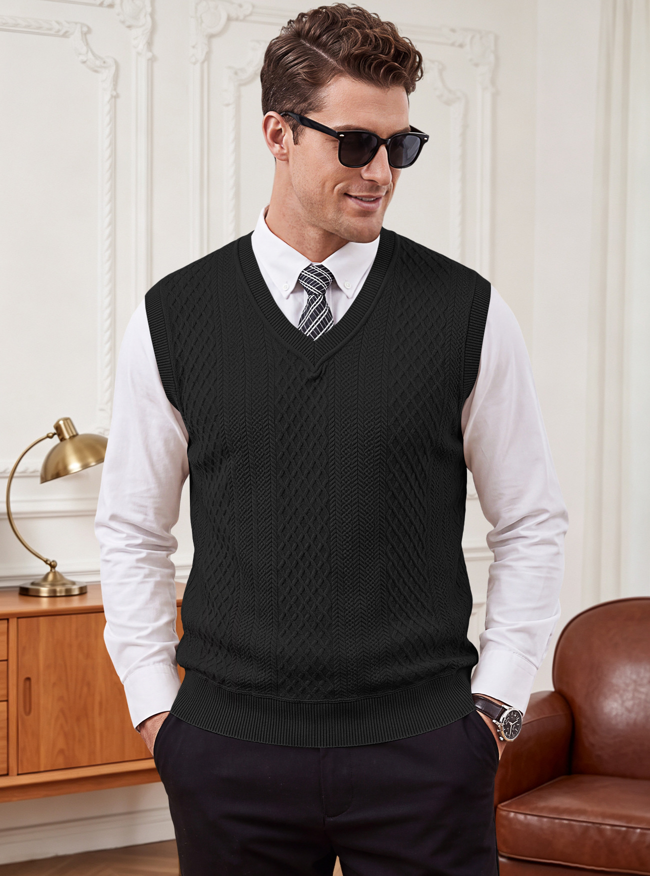 Men's Clothing Tops Tanks Camis Tank Tops Men's Heavyweight V-Neck Vest Textured Jacquard Sleeveless Knit Sweater Vintage Plus Size Casual Vest