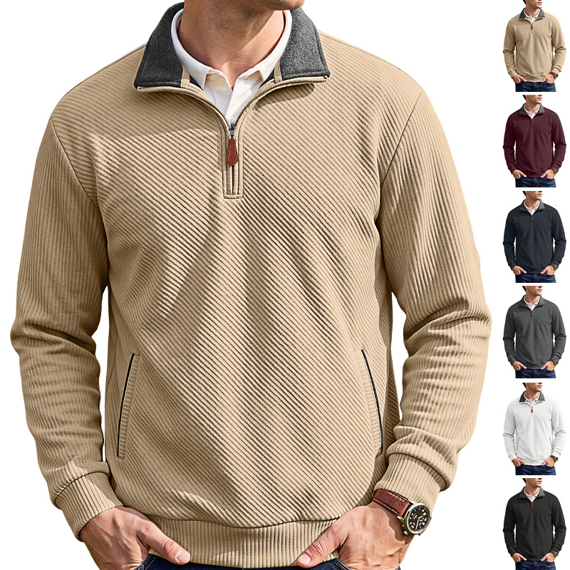 Men's Clothing Tops Sweatshirts Men's Textured Jacquard Stand Up Collar Top American Spring Autumn Zipper Pocket Pullover Casual Hoodie
