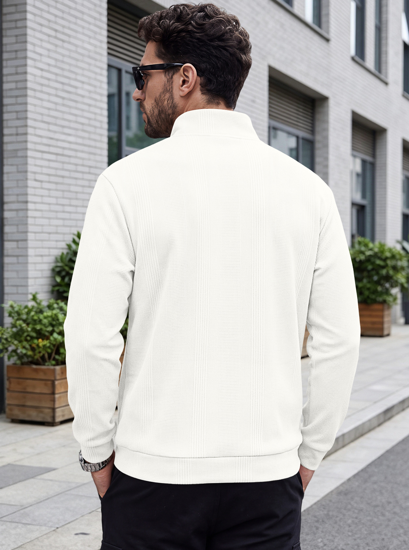Men's Clothing Tops Sweatshirts Men's Half Zip Stand Up Collar Knitted Sweater Spring Autumn Vertical Stripes Waffle Texture Long Sleeved Casual Hoodie