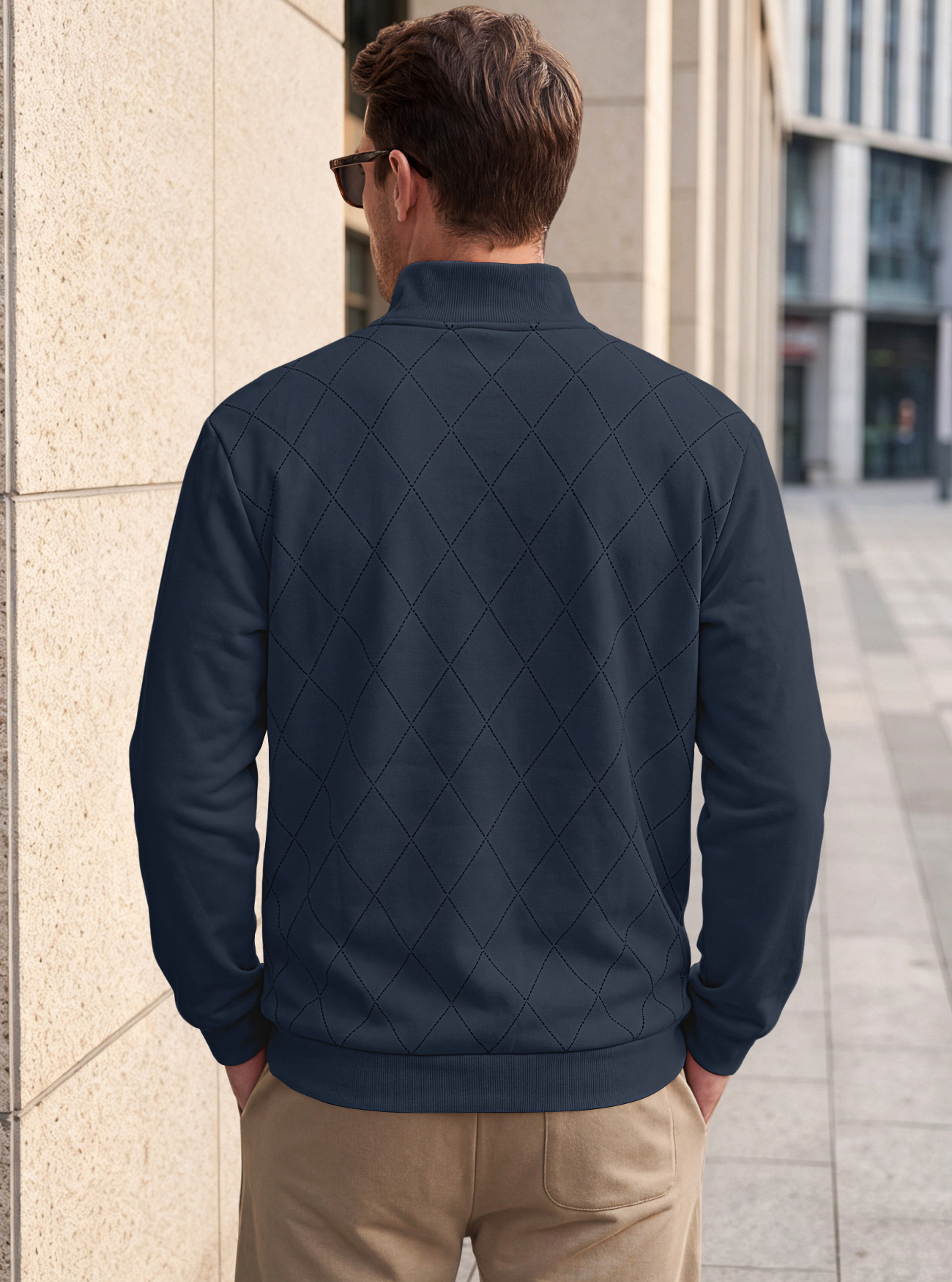 Men's Clothing Tops Sweatshirts Men's American Autumn Winter Semi-Zip Stand-Up Collar Knitwear Diamond Pattern Long Sleeve Pullover Casual Hoodie