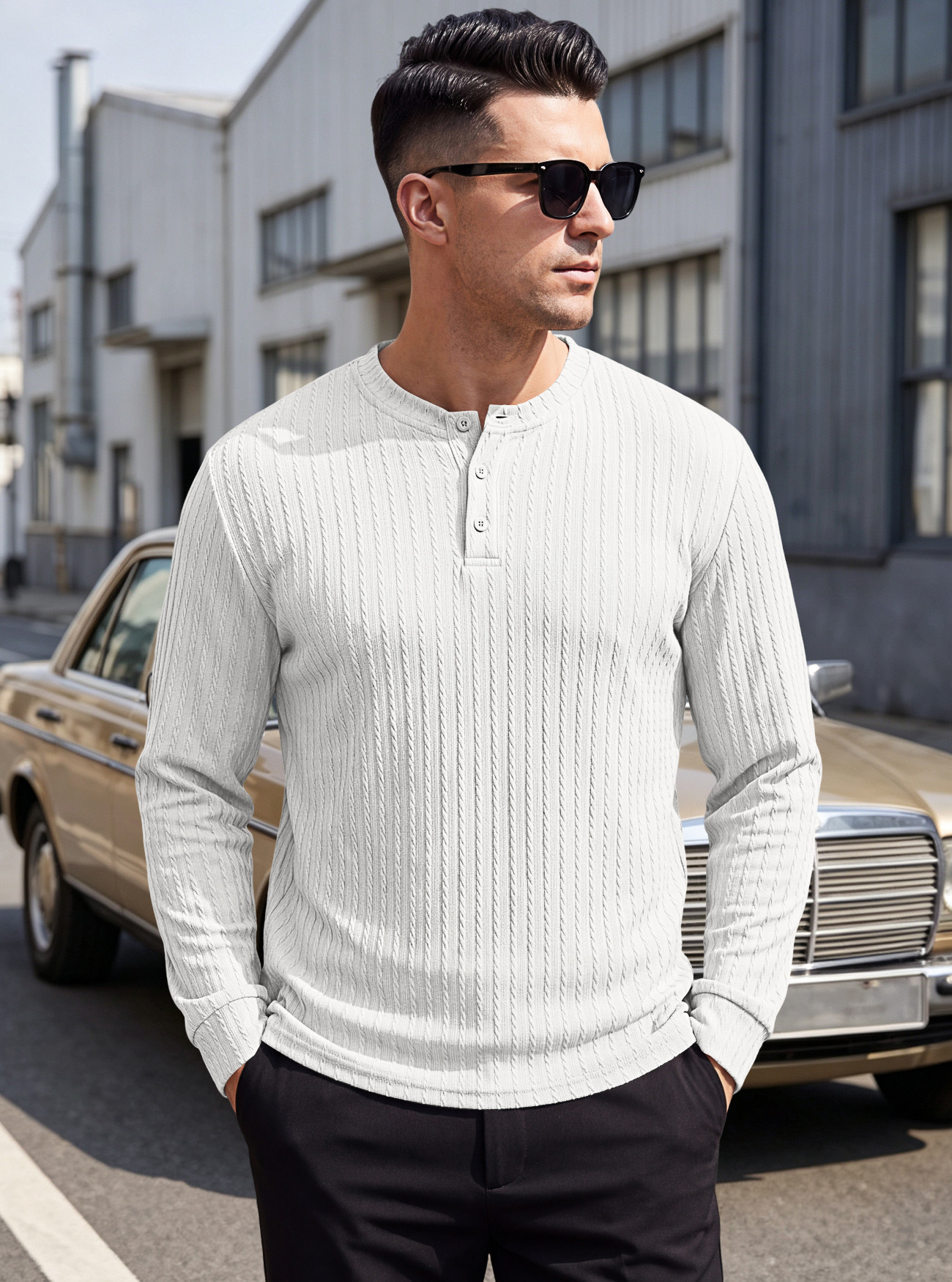 Men's Clothing Tops Sweatshirts Men's Henley Shirt Retro Elastic Texture Pattern Casual Loose Oversized Long Sleeve Hoodie