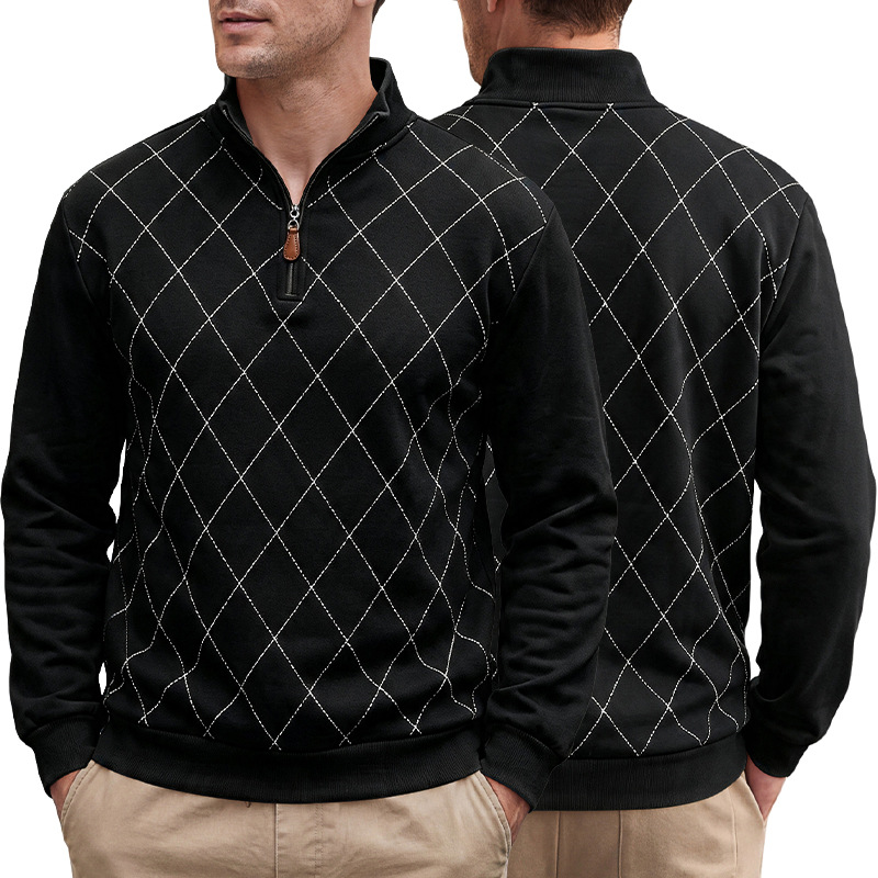 Men's Clothing Tops Sweatshirts Men's American Autumn Winter Semi-Zip Stand-Up Collar Knitwear Diamond Pattern Long Sleeve Pullover Casual Hoodie