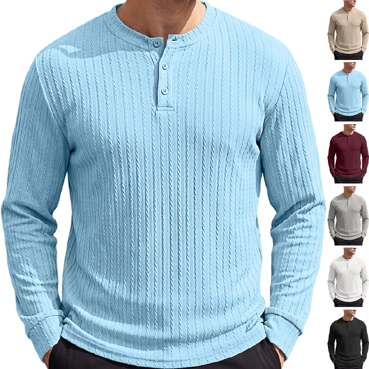 Men's Clothing Tops Sweatshirts Men's Henley Shirt Retro Elastic Texture Pattern Casual Loose Oversized Long Sleeve Hoodie