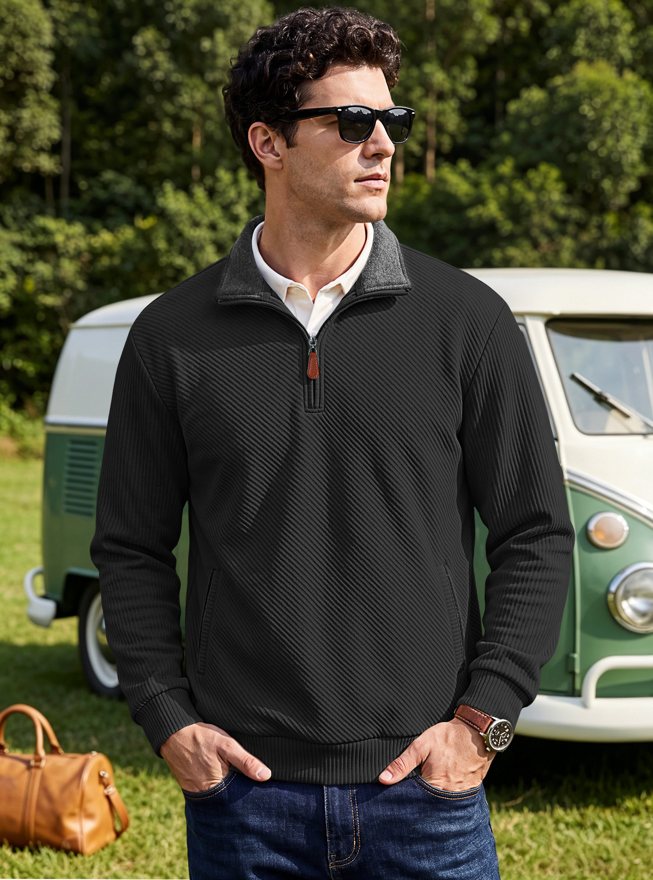 Men's Clothing Tops Sweatshirts Men's Textured Jacquard Stand Up Collar Top American Spring Autumn Zipper Pocket Pullover Casual Hoodie
