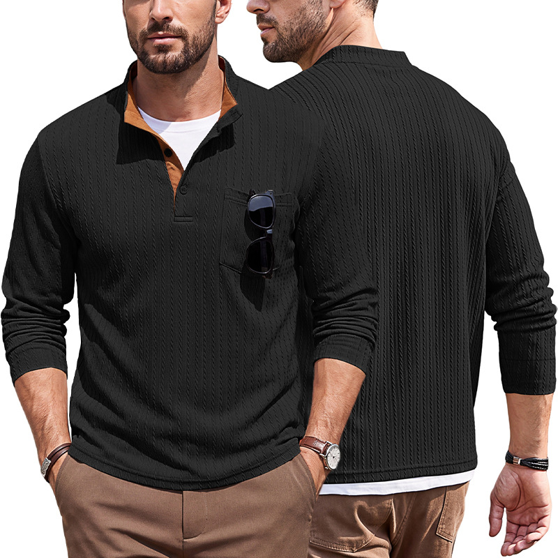 Men's Clothing Tops Sweatshirts Men's American Texture Jacquard Henley Polo Shirt Autumn Winter Chest Pocket Casual Knit Pullover