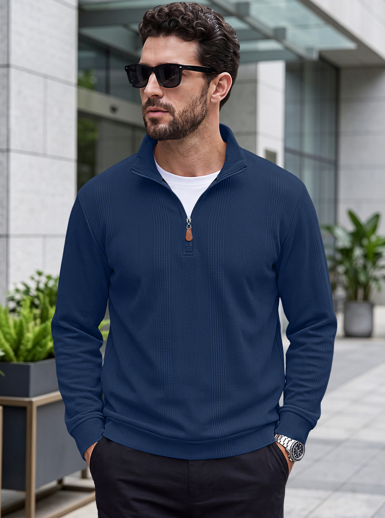 Men's Clothing Tops Sweatshirts Men's Half Zip Stand Up Collar Knitted Sweater Spring Autumn Vertical Stripes Waffle Texture Long Sleeved Casual Hoodie