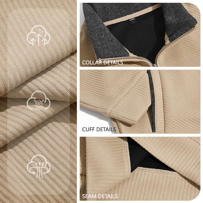 Men's Clothing Tops Sweatshirts Men's Textured Jacquard Stand Up Collar Top American Spring Autumn Zipper Pocket Pullover Casual Hoodie