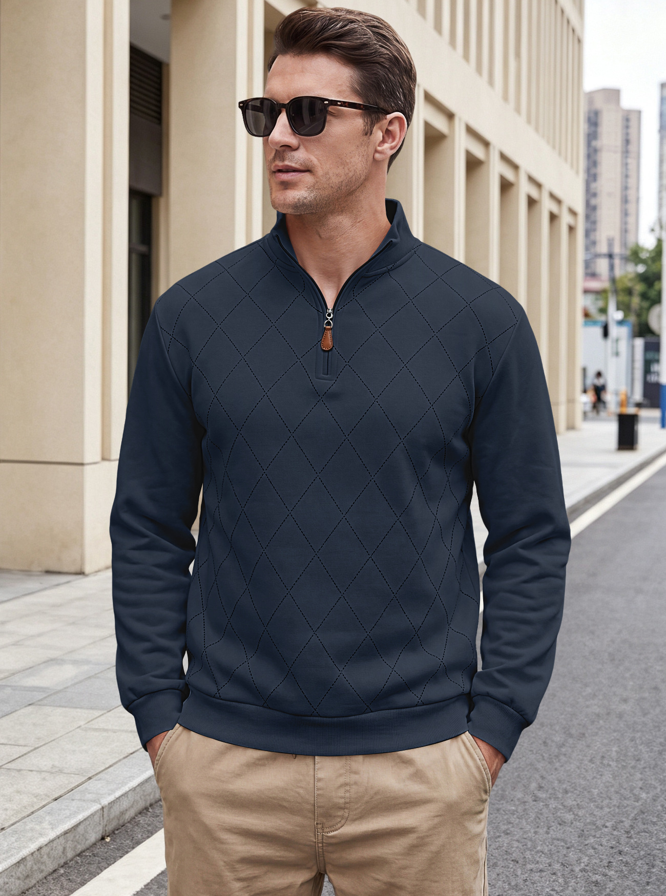 Men's Clothing Tops Sweatshirts Men's American Autumn Winter Semi-Zip Stand-Up Collar Knitwear Diamond Pattern Long Sleeve Pullover Casual Hoodie