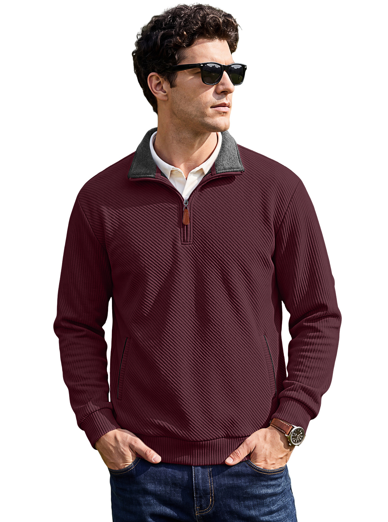 Men's Clothing Tops Sweatshirts Men's Textured Jacquard Stand Up Collar Top American Spring Autumn Zipper Pocket Pullover Casual Hoodie