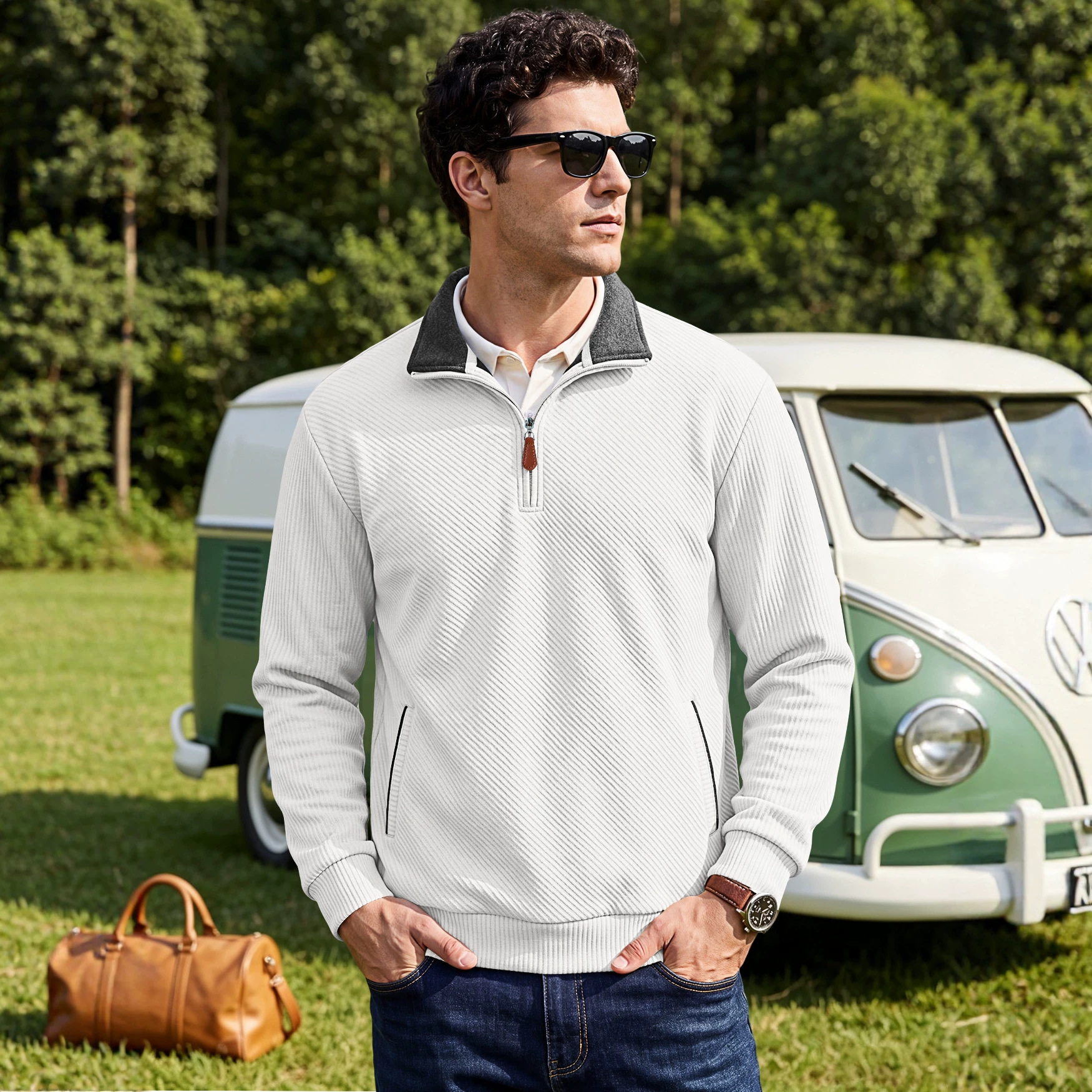 Men's Clothing Tops Sweatshirts Men's Textured Jacquard Stand Up Collar Top American Spring Autumn Zipper Pocket Pullover Casual Hoodie