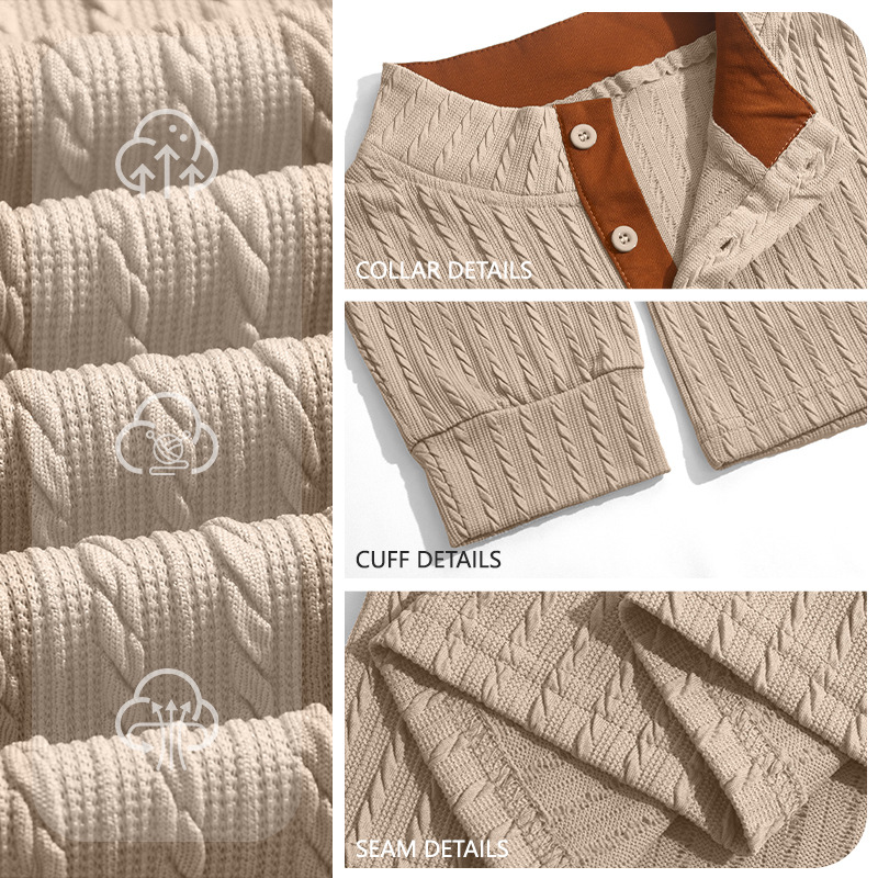 Men's Clothing Tops Sweatshirts Men's American Texture Jacquard Henley Polo Shirt Autumn Winter Chest Pocket Casual Knit Pullover