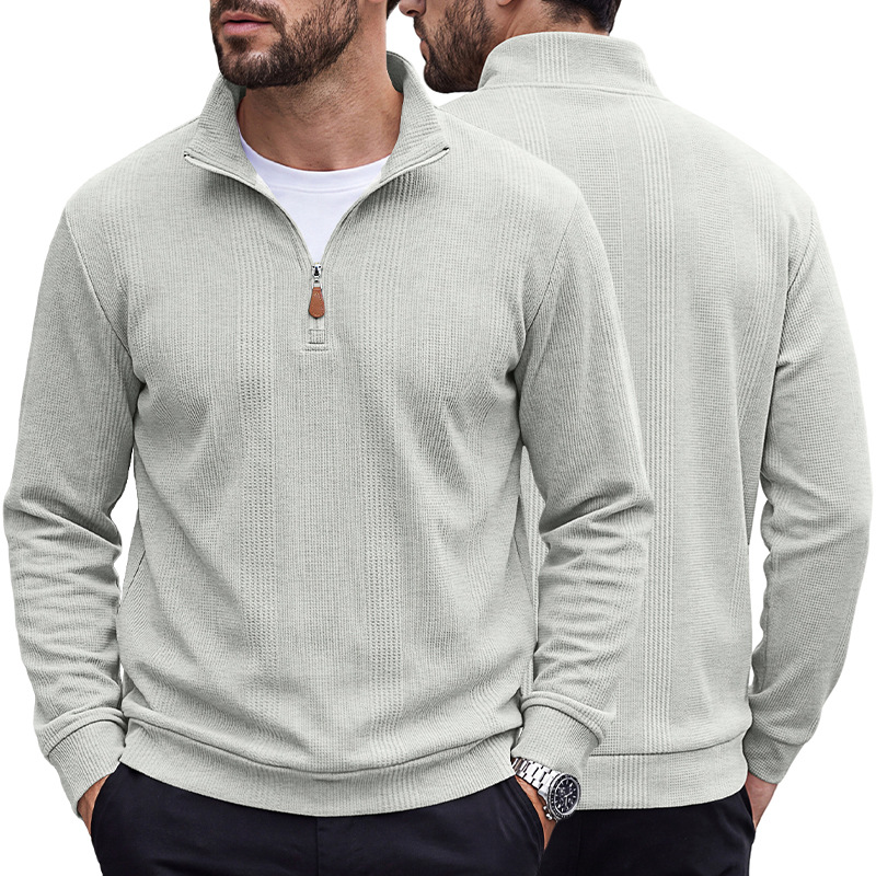 Men's Clothing Tops Sweatshirts Men's Half Zip Stand Up Collar Knitted Sweater Spring Autumn Vertical Stripes Waffle Texture Long Sleeved Casual Hoodie