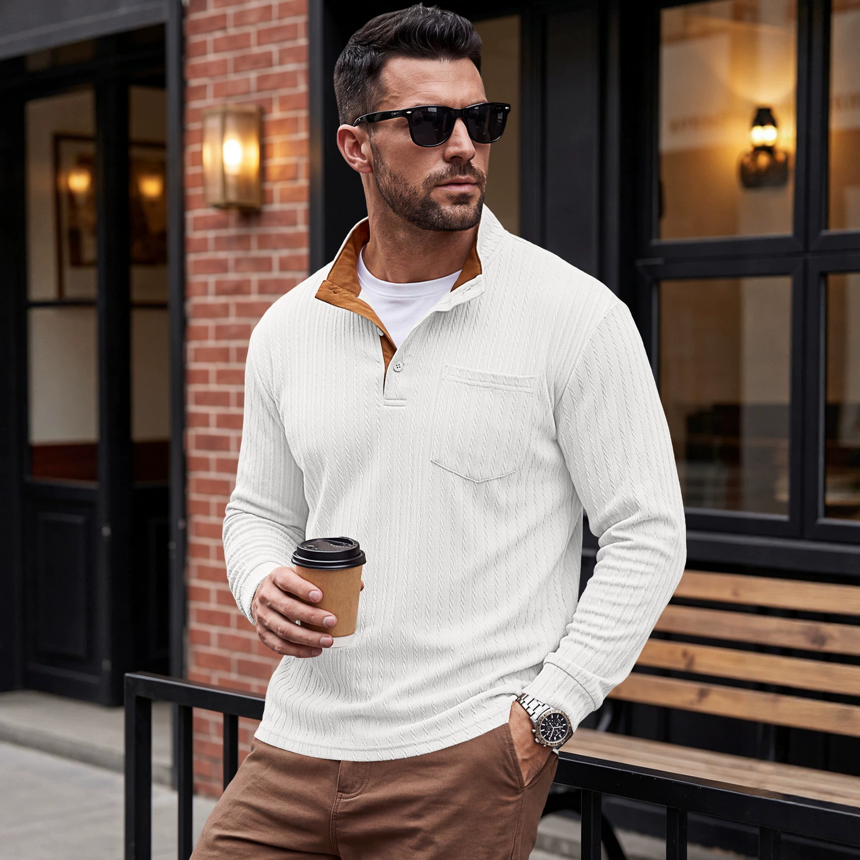 Men's Clothing Tops Sweatshirts Men's American Texture Jacquard Henley Polo Shirt Autumn Winter Chest Pocket Casual Knit Pullover