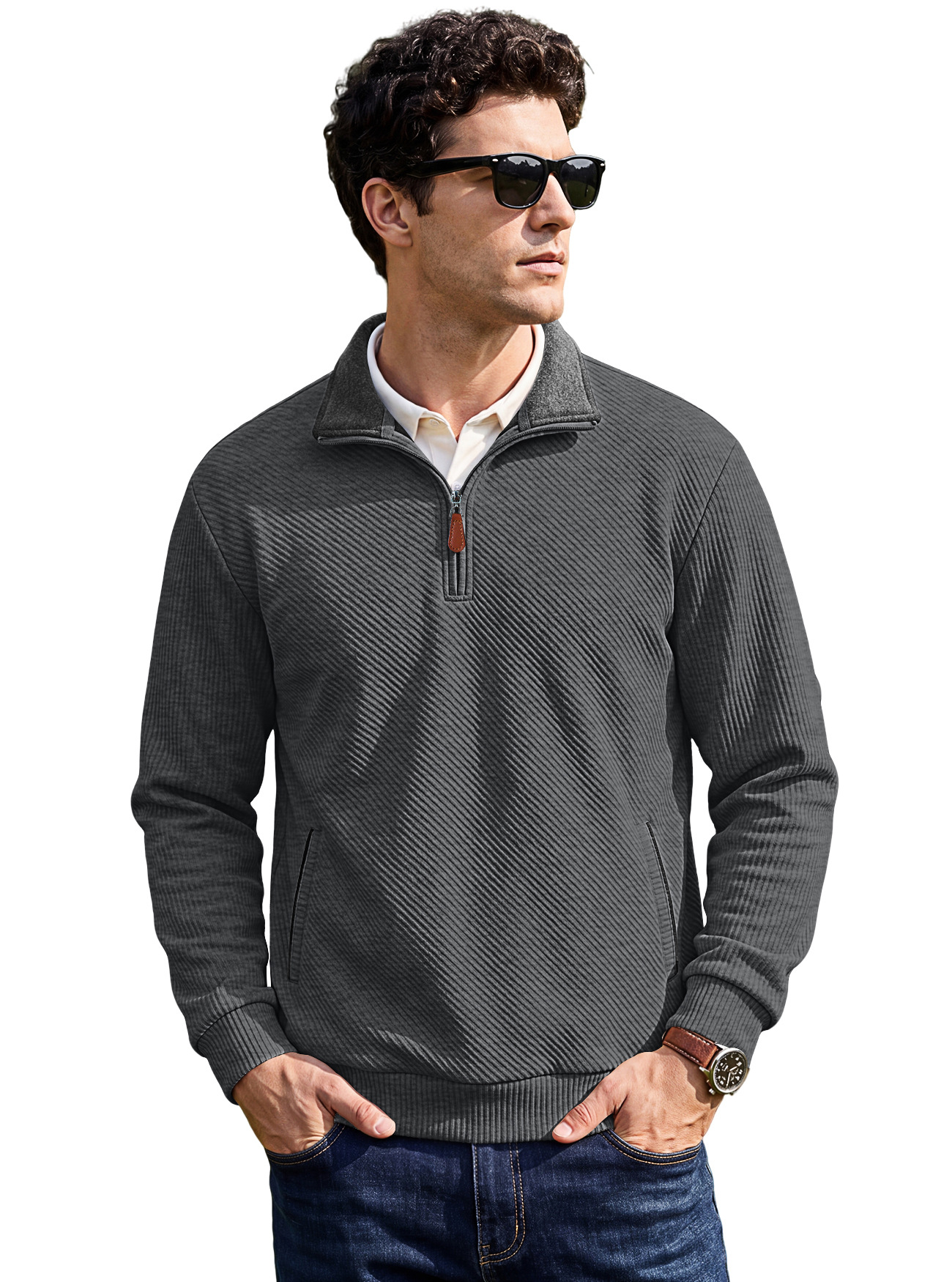 Men's Clothing Tops Sweatshirts Men's Textured Jacquard Stand Up Collar Top American Spring Autumn Zipper Pocket Pullover Casual Hoodie