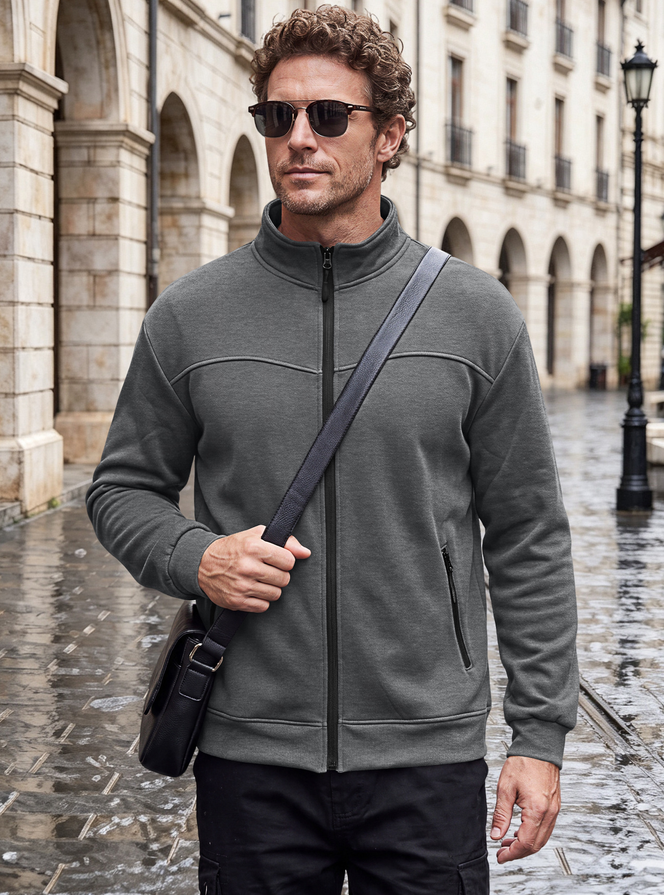 Men's Clothing Tops Jackets Coats Men's Autumn Winter Stand-Up Collar Fleece Lined Jacket with Zipper Side Pockets for Outdoor Casual Long Sleeve Sweater Coat